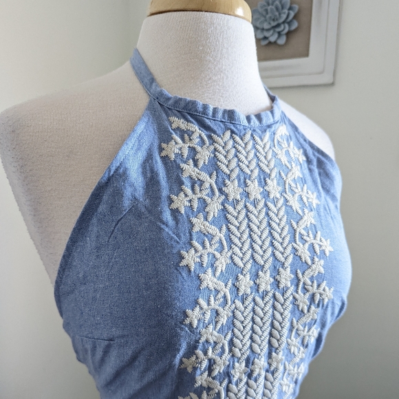 Chelsea & Violet Embroidered Halter Backless Mini Dress Blue Cream Medium - Picture 4 of 10